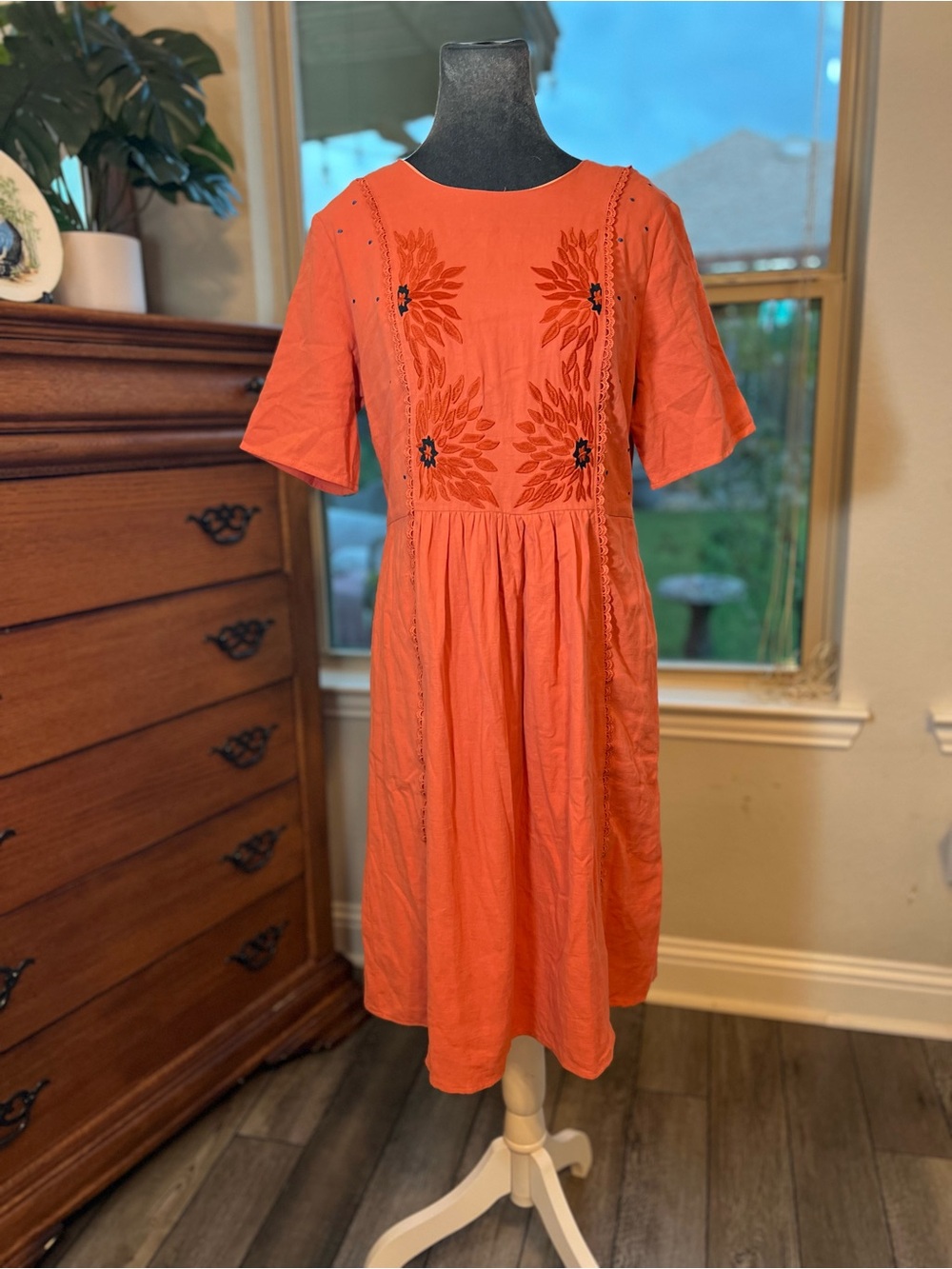 Roolee Orange Embroidered Short-Sleeve Midi Dress